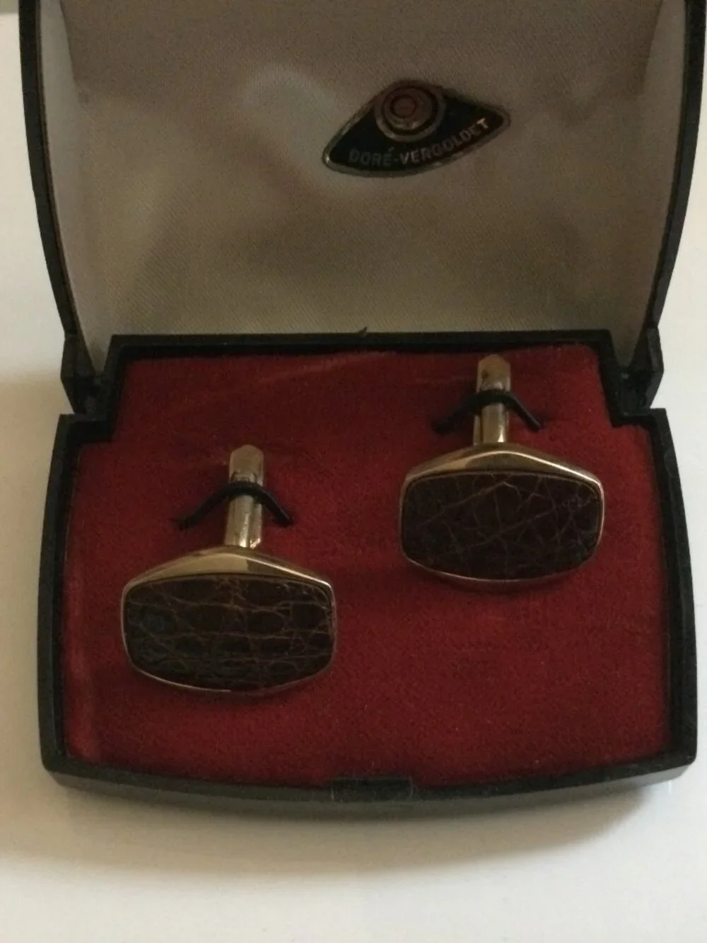 Vintage 70s Brown Inlay Leather-like Gold‎ Plated Cufflinks